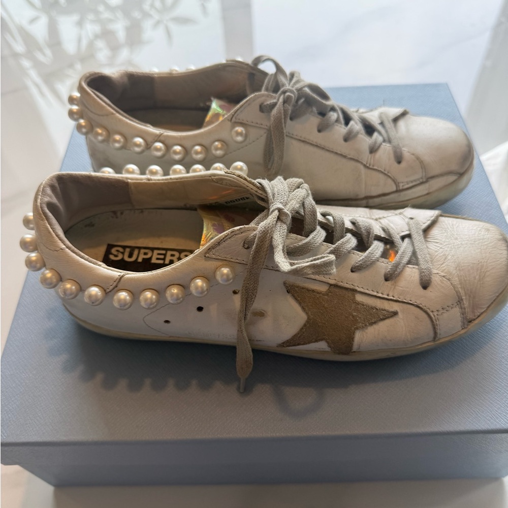 Golden Goose Women's White Sneakers with Gold Star and Pearl Trim